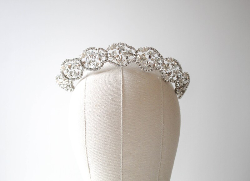 Silver Bridal tiara with White opal and clear crystals, Floral Wedding crown for bride, Wedding hair accessory